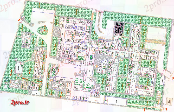دانلود نقشه بیمارستان - درمانگاه - کلینیک محوطه سازی و سایت پلان بیمارستان عمومی 151 در 197 متر (کد64892)