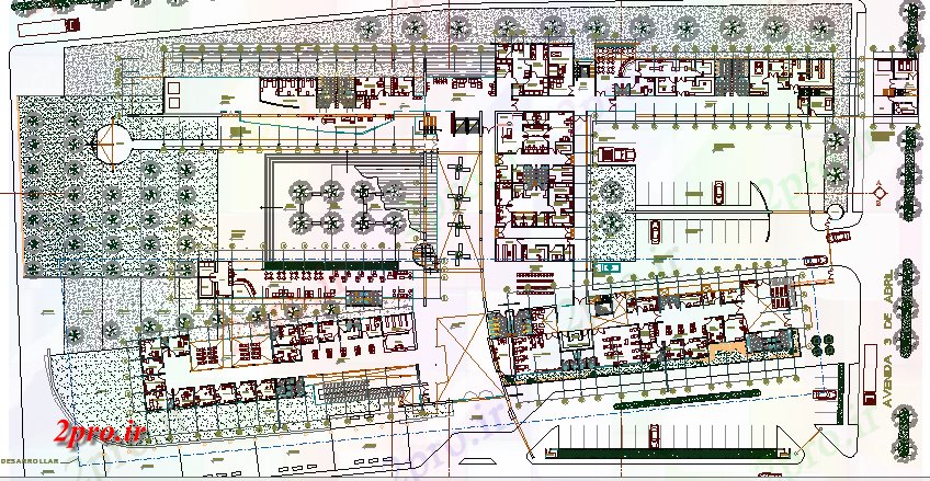 دانلود نقشه بیمارستان - درمانگاه - کلینیک محوطه سازی و ساختار جزئیات چند طبقه بیمارستان 57 در 131 متر (کد64906)