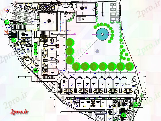 دانلود نقشه هتل - رستوران - اقامتگاه گردشگری سایت هتل طرحی و محوطه سازی جزئیات 53 در 65 متر (کد64945)