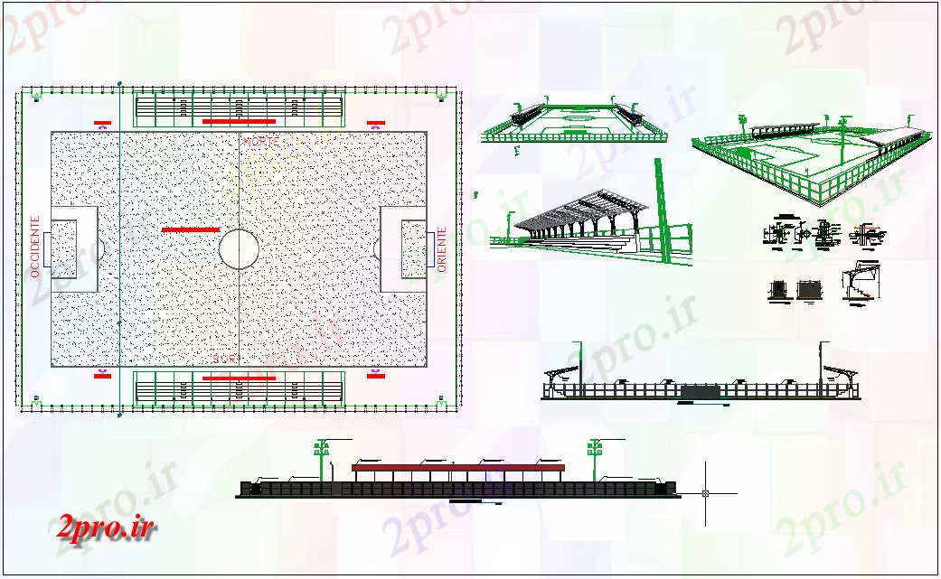 دانلود نقشه ورزشگاه ، سالن ورزش ، باشگاه زمین فوتبال منطقه طراحی، بخش نما منطقه 67 در 93 متر (کد64975)