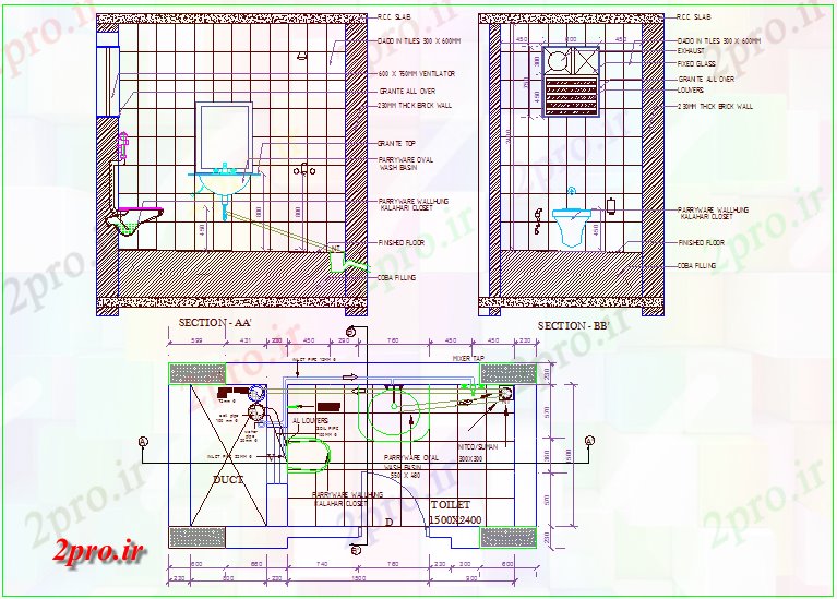 دانلود نقشه بلوک حمام و توالتطرحی توالت و  مقطعی (کد64995)