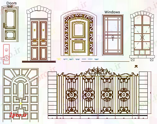 دانلود نقشه جزئیات طراحی در و پنجره  درب مشترک، پنجره ها و بلوک های دروازه جزئیات (کد64997)