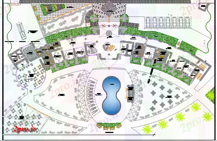 دانلود نقشه هتل - رستوران - اقامتگاه پروژه متوسل جزئیات 16 در 76 متر (کد65016)