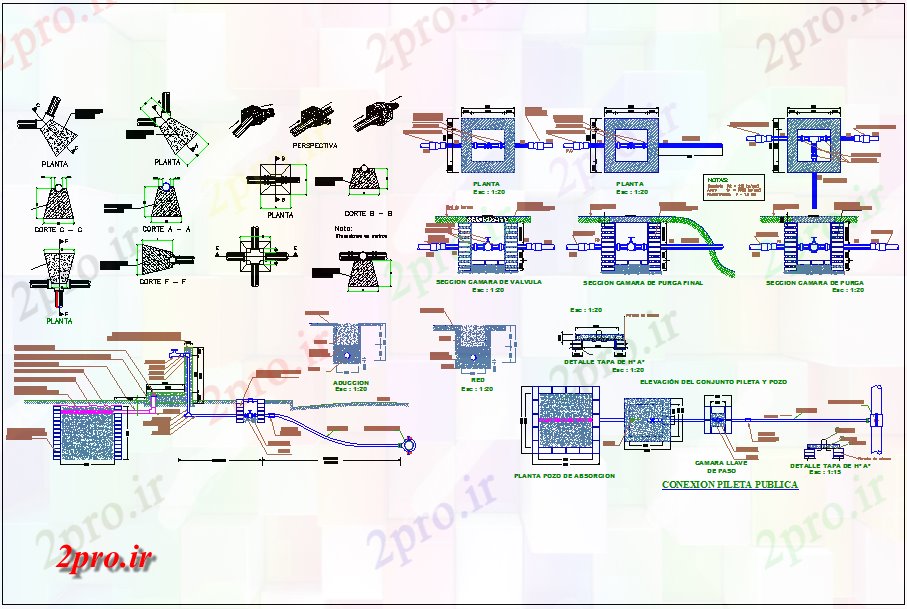 دانلود نقشه جزئیات لوله کشی آب چاه اتصالات و اتصالات خط لوله جزئیات (کد65044)