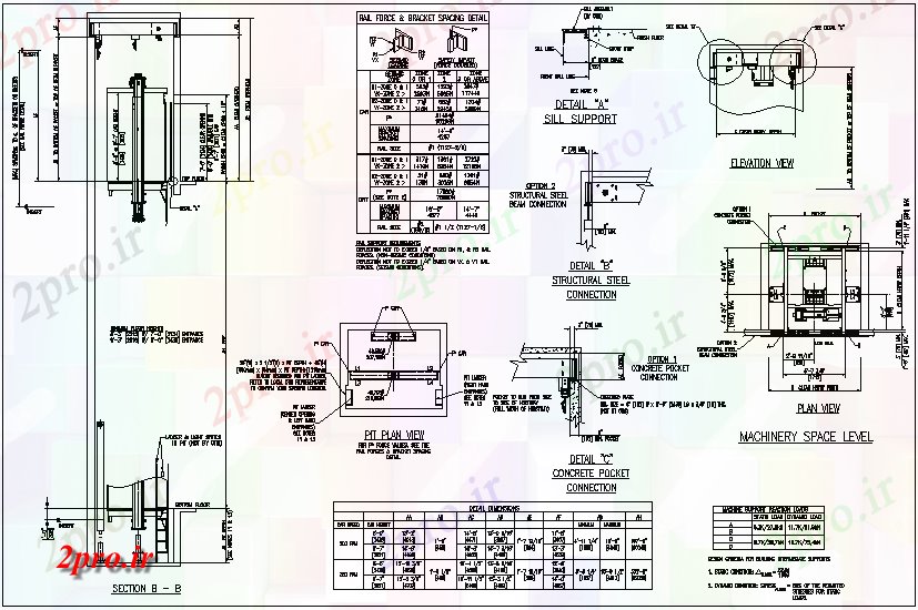 دانلود نقشه جزئیات ساختار طراحی سازه آسانسور با نمای مقطعی (کد65054)