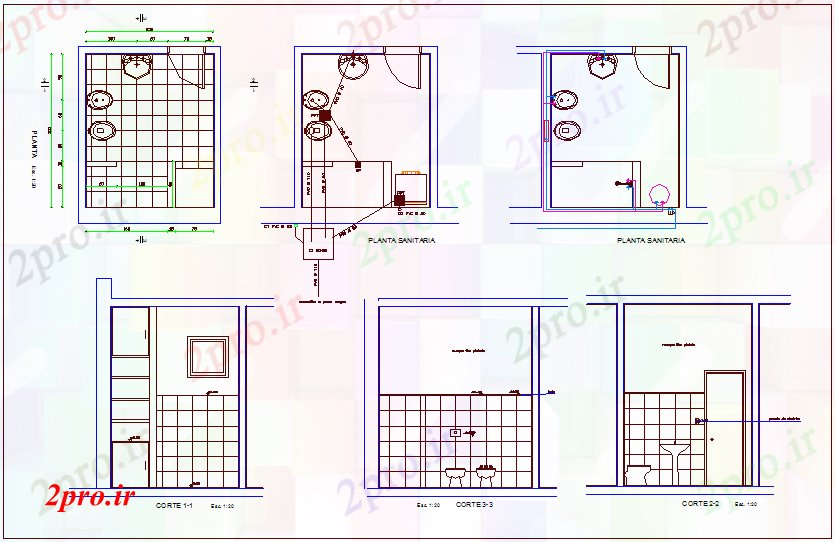 دانلود نقشه بلوک حمام و توالتطراحی حمام با نمای مقطعی (کد65058)