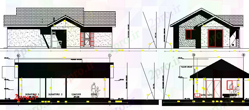 دانلود نقشه مسکونی ، ویلایی ، آپارتمان نما مسکن یک خانواده و بخش جزئیات 8 در 12 متر (کد65186)