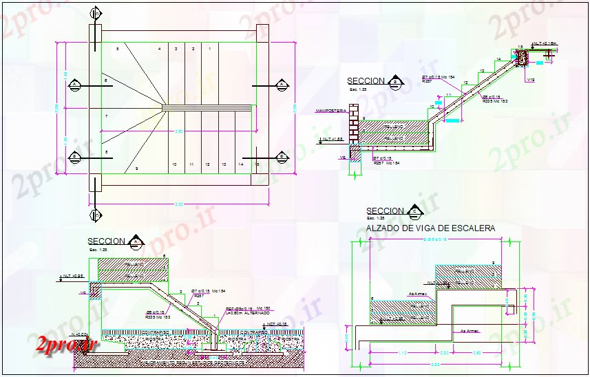 دانلود نقشه جزئیات ساخت و ساز بخش و نما پله با جزئیات ساخت و ساز (کد65249)