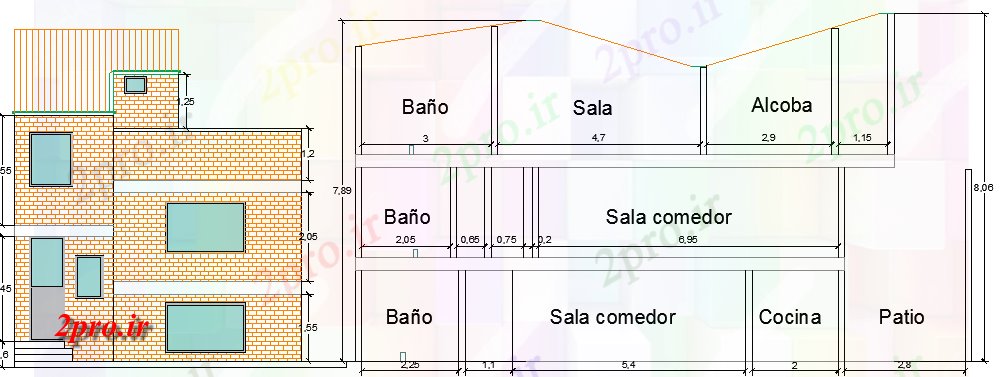 دانلود نقشه مسکونی ، ویلایی ، آپارتمان نما خانه چند خانواده و مقطعی 16 در 35 متر (کد65356)