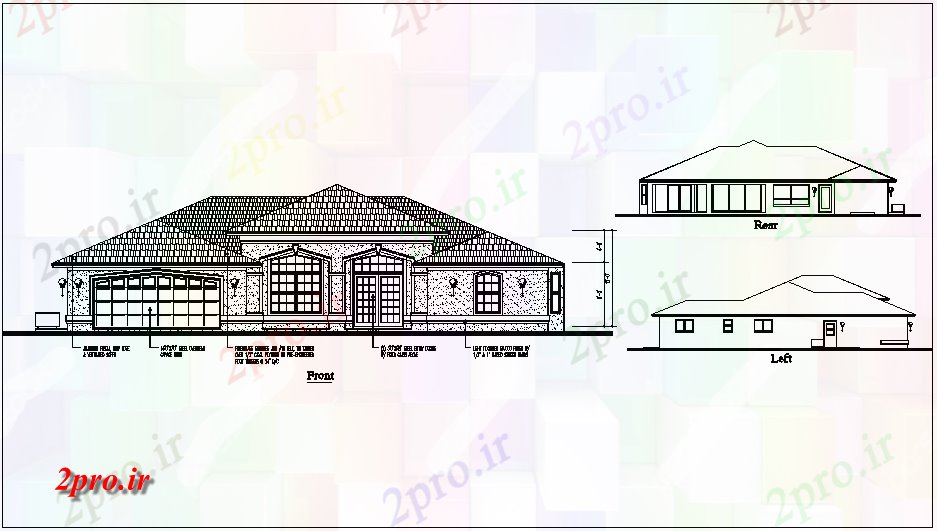 دانلود نقشه مسکونی  ، ویلایی ، آپارتمان  جلو، عقب و سمت چپ خانه (کد65381)