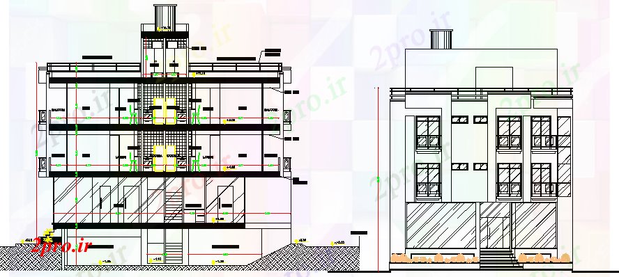 دانلود نقشه ساختمان اداری - تجاری - صنعتی نما و فرم ساختمان شرکت های بزرگ 12 در 15 متر (کد65424)