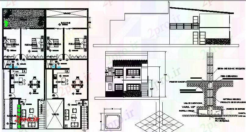 دانلود نقشه مسکونی ، ویلایی ، آپارتمان دو کفپوش پروژه مسکن 7 در 20 متر (کد65492)