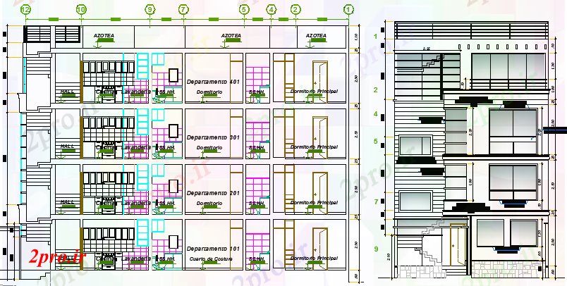 دانلود نقشه مسکونی  ، ویلایی ، آپارتمان  نما و بخش جزئیات مسکن چند کفپوش ساخت (کد65507)