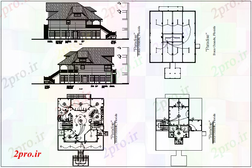دانلود نقشه معماری خانه های ویلایی طرحی طبقه با نمای الکتریکی، چپ و ر  (کد65525)