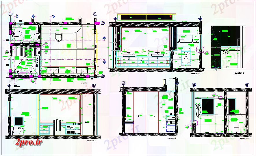 دانلود نقشه بلوک حمام و توالتحمام دفتر طرحی جزئیات (کد65583)