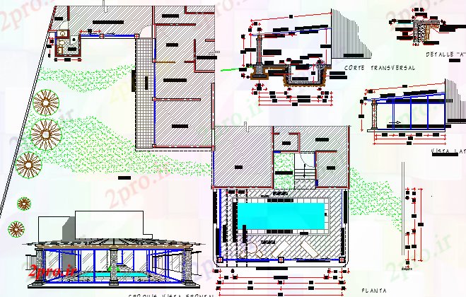 دانلود نقشه ورزشگاه ، سالن ورزش ، باشگاه شنا با معماری عرشه پروژه 16 در 28 متر (کد65636)