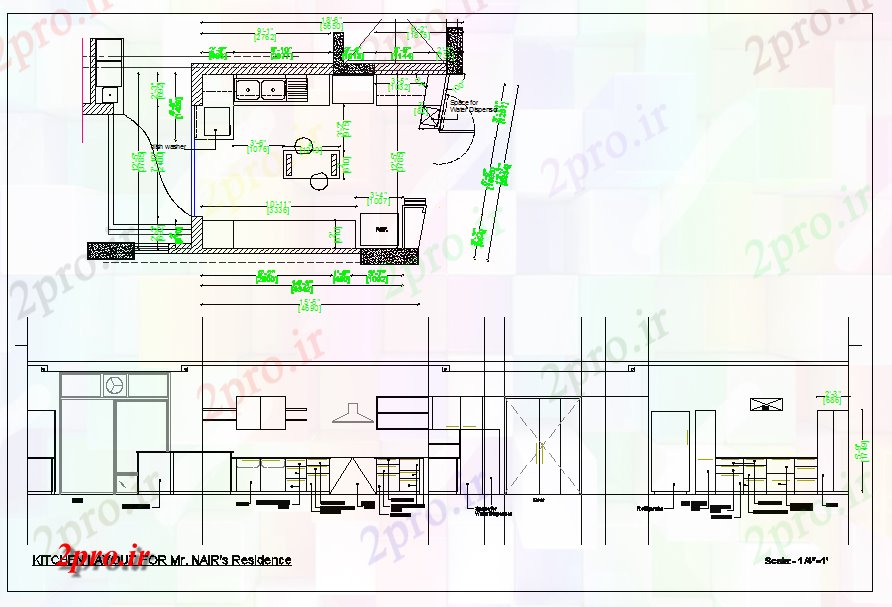 دانلود نقشه آشپزخانه طرحی آشپزخانه مسکونی و نما جزئیات (کد65688)