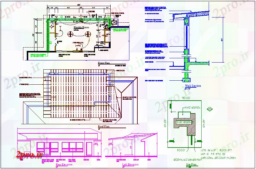 دانلود نقشه طراحی داخلی طرحی طبقه با نمای الکتریکی و طرحی پشت بام خانه (کد65693)