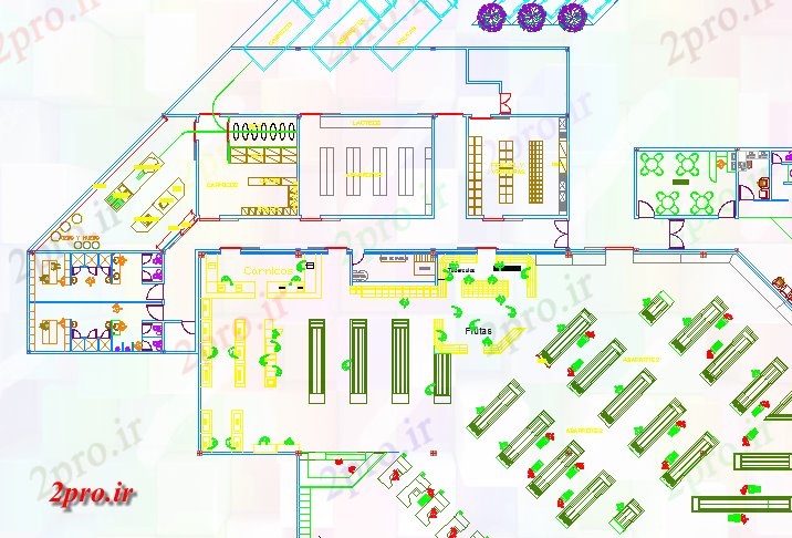دانلود نقشه هایپر مارکت - مرکز خرید - فروشگاه مرکز خرید طرحی بندی 48 در 67 متر (کد65711)
