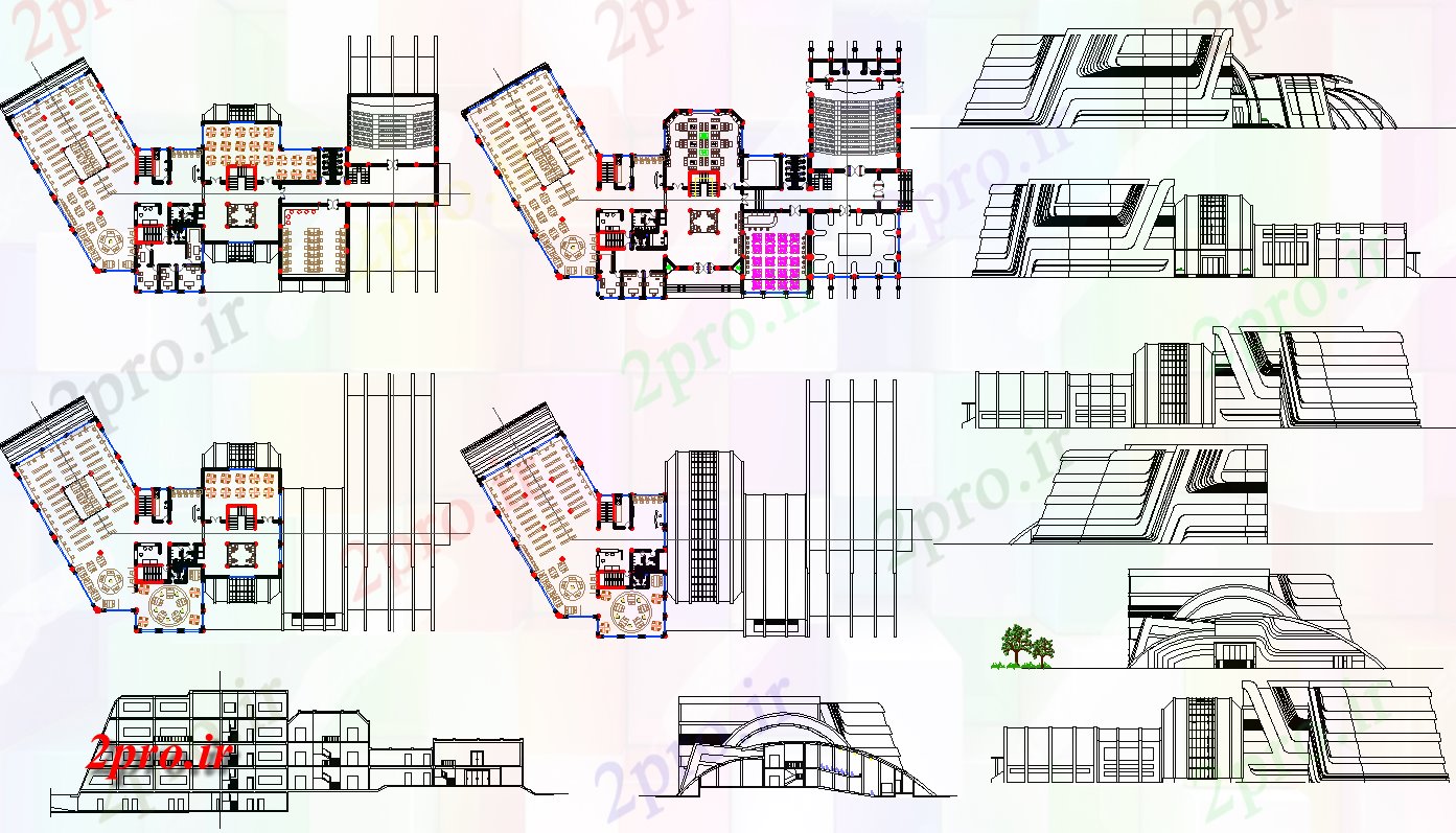دانلود نقشه هتل - رستوران - اقامتگاه طراحی کتابخانه و طراحی نمای 43 در 78 متر (کد65713)