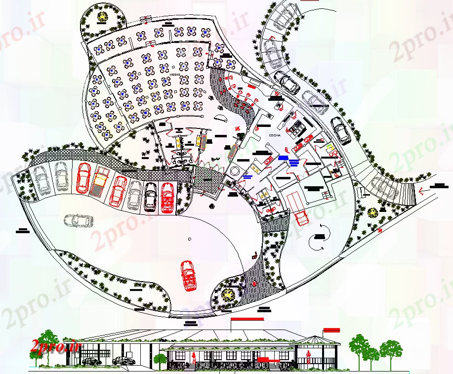 دانلود نقشه هتل - رستوران - اقامتگاه طرحی چیدمان رستوران و نما طراحی 24 در 49 متر (کد65725)