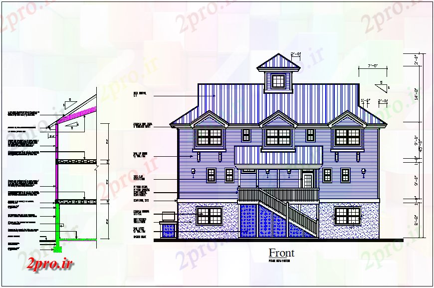 دانلود نقشه جزئیات معماری  نما خانه،  بخش از دیوار سمت و سقف اتصال (کد65748)