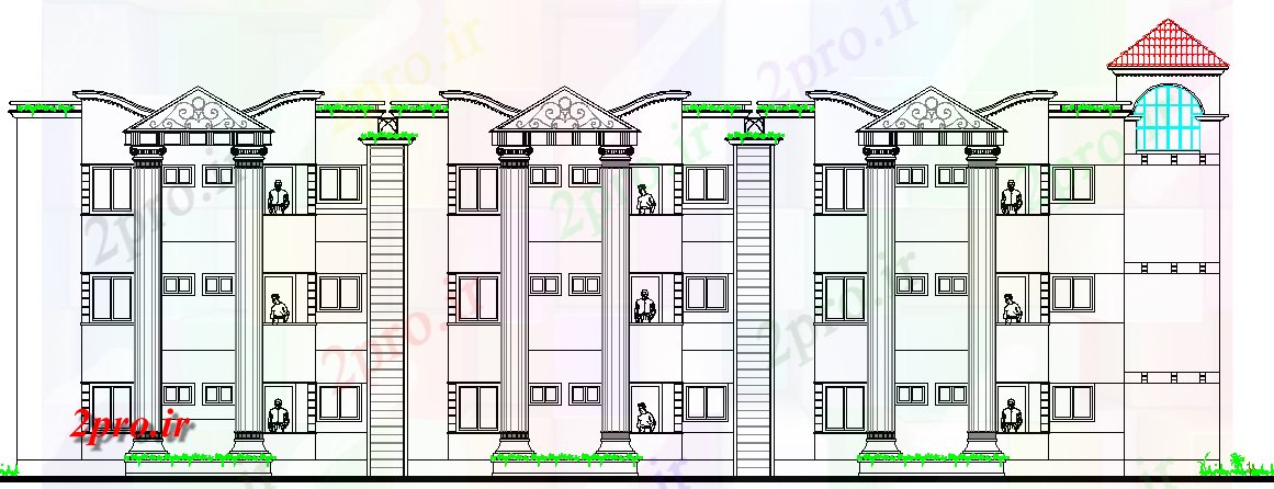 دانلود نقشه مسکونی  ، ویلایی ، آپارتمان  نما اصلی مسکن چند کفپوش ساخت (کد65802)