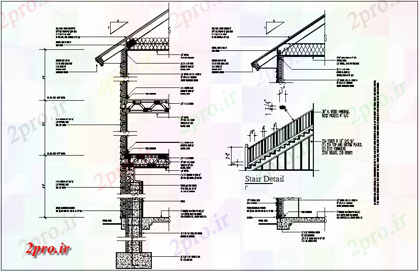 دانلود نقشه جزئیات ساخت و ساز  بخشی از دیوار و خرپا با نمای پله (کد65822)