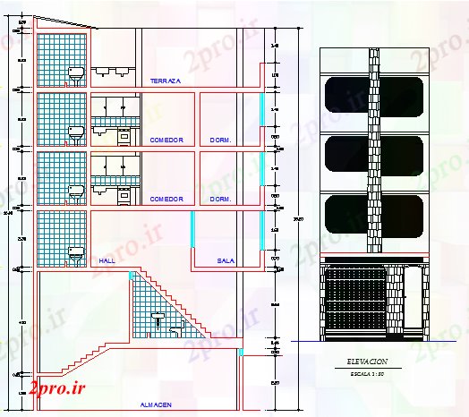 دانلود نقشه مسکونی  ، ویلایی ، آپارتمان  نما،  مقطعی از سه طبقه مسکونی ساختمان (کد66004)
