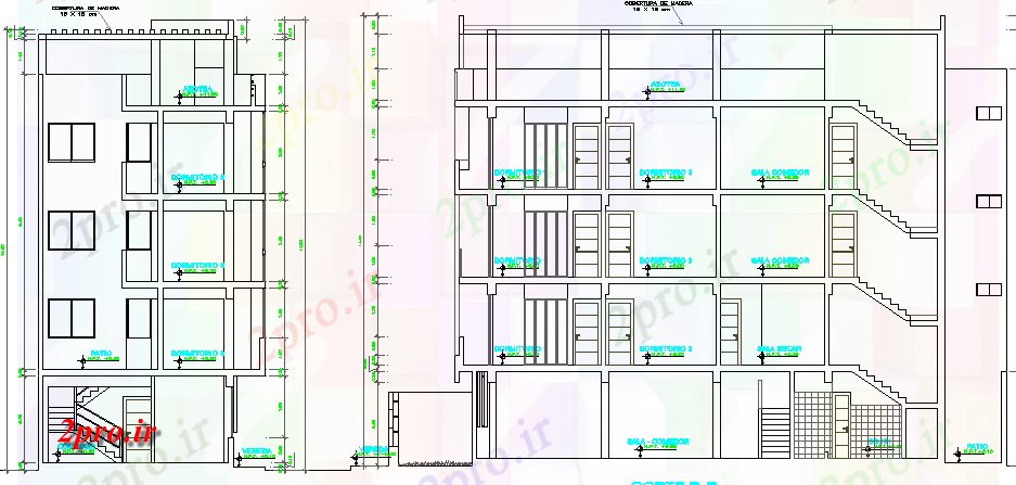 دانلود نقشه مسکونی  ، ویلایی ، آپارتمان  جلو و نمای مقطعی طرف چهار سطح مسکن ساخت و ساز (کد66019)