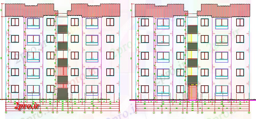 دانلود نقشه مسکونی  ، ویلایی ، آپارتمان  نمای جلو و نما پشت چند طبقه مسکن ساخت و ساز (کد66039)