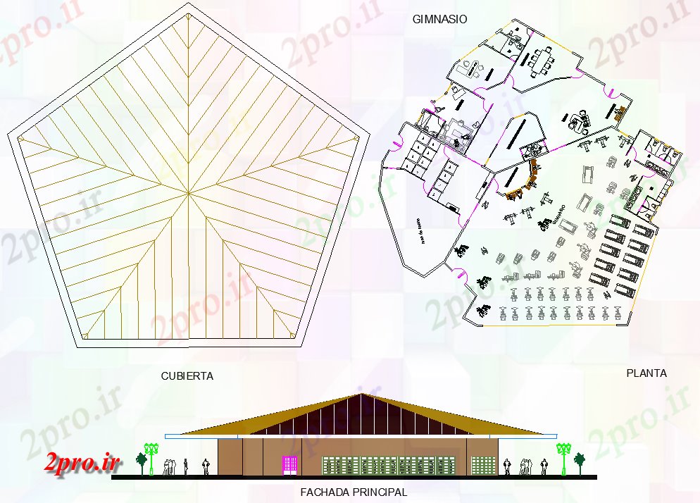 دانلود نقشه ورزشگاه ، سالن ورزش ، باشگاه GYM ساختمان نشیمن 31 در 35 متر (کد66048)