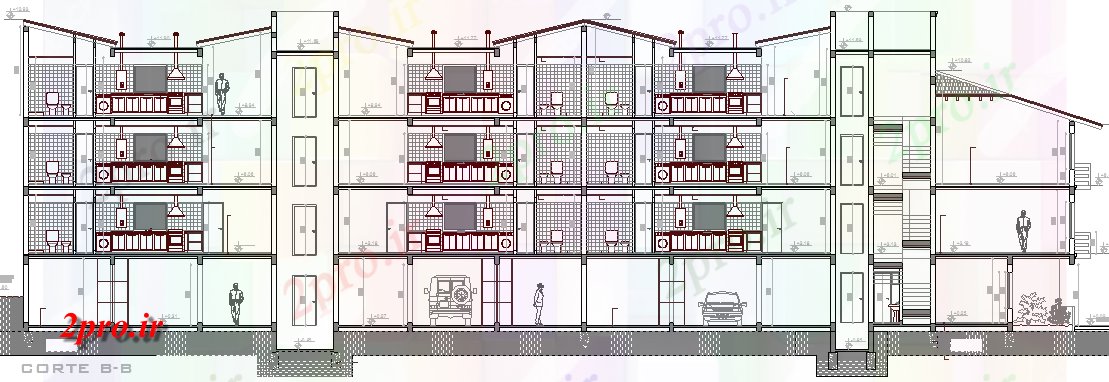 دانلود نقشه مسکونی  ، ویلایی ، آپارتمان   مقطعی کامل از چند طبقه ساختمان های مسکونی (کد66150)