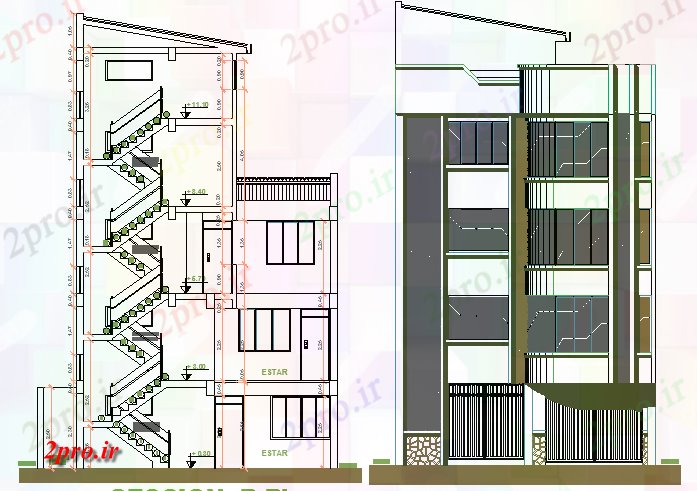 دانلود نقشه مسکونی  ، ویلایی ، آپارتمان  نما جانبی و  مقطعی از چهار سطح مسکن ساخت و ساز (کد66175)
