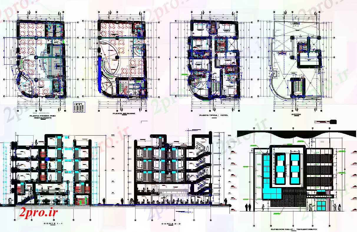 دانلود نقشه هتل - رستوران - اقامتگاه معماری هتل پروژه 11 در 18 متر (کد66218)