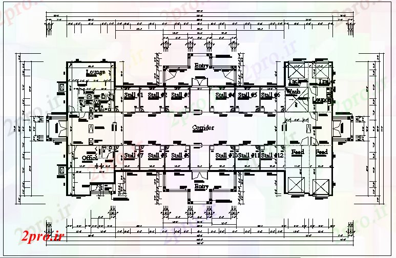 دانلود نقشه نمایشگاه ; فروشگاه - مرکز خرید ساختمان تجاری جزئیات طراحی 22 در 44 متر (کد66248)