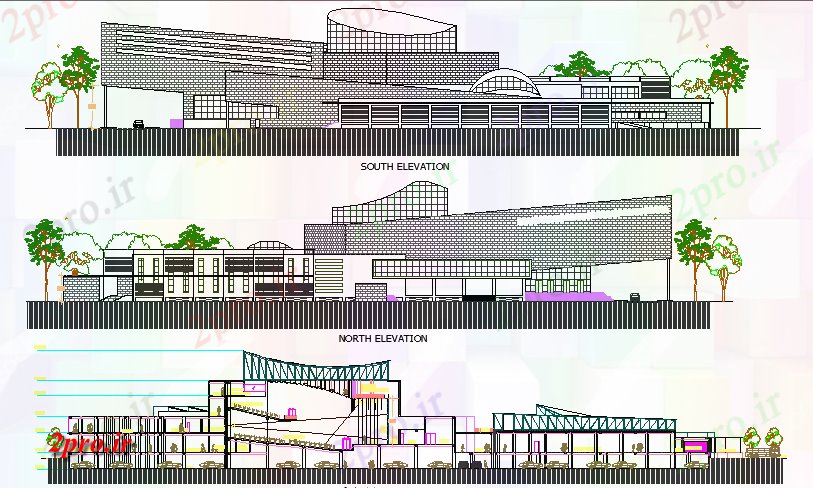 دانلود نقشه ساختمان دولتی ، سازمانی چند طبقه کنوانسیون شهرستان نما مرکز و بخش جزئیات 78 در 108 متر (کد66250)