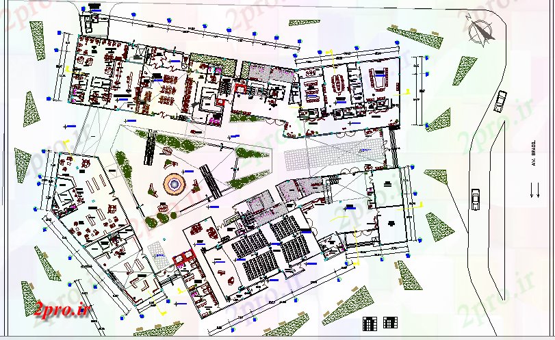 دانلود نقشه ساختمان اداری - تجاری - صنعتی چند طبقه محوطه سازی مرکز کسب و کار و معماری طرحی بندی 54 در 91 متر (کد66274)