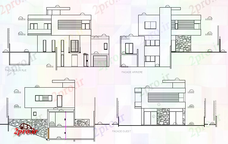 دانلود نقشه مسکونی ، ویلایی ، آپارتمان سه سطح نما خانه مدرن و بخش جزئیات 10 در 13 متر (کد66366)