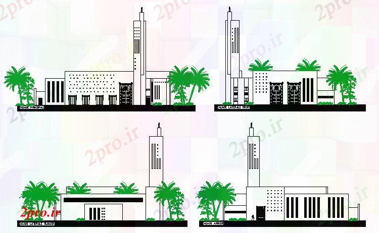 دانلود نقشه کلیسا - معبد - مکان مذهبی تمام جزئیات نما جانبه شهرستان مذهبی  مسجد (کد66379)