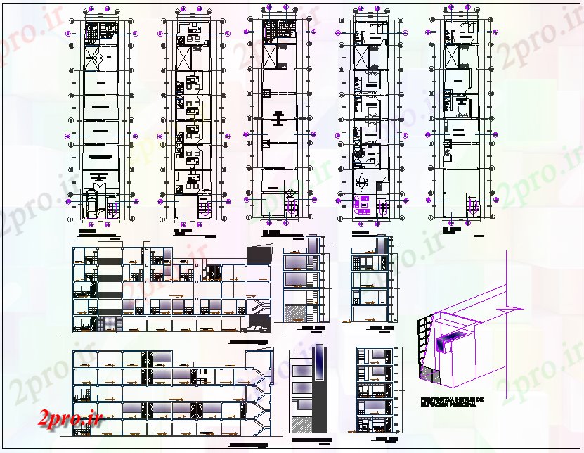 دانلود نقشه ساختمان مرتفعطرحی ساختمان چند منظوره جزئیات 6 در 32 متر (کد66515)