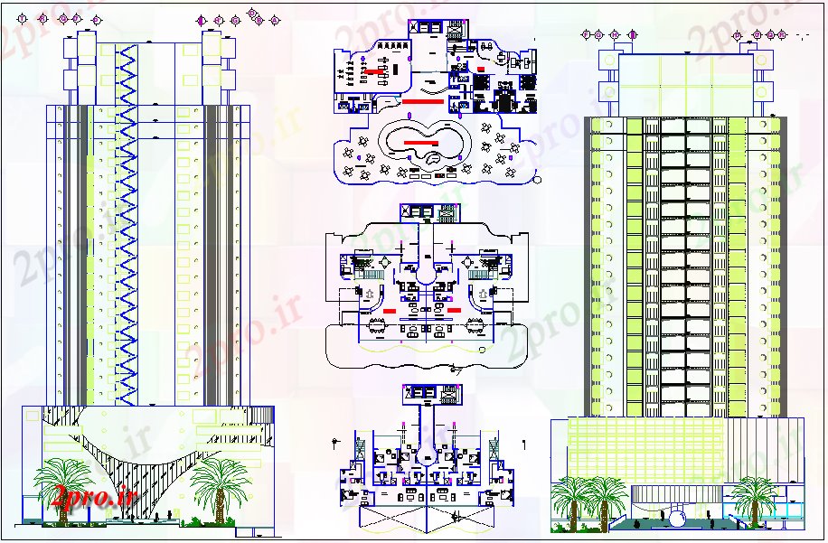 دانلود نقشه ساختمان مرتفعبلند ساختمان تجاری بخش نما و طرحی جزئیات 37 در 49 متر (کد66549)