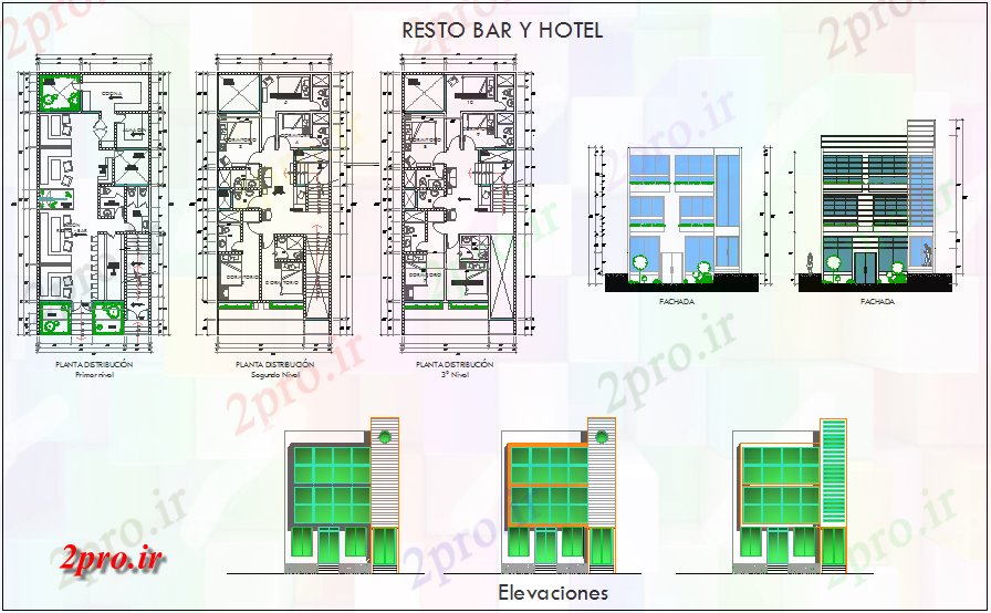 دانلود نقشه هتل - رستوران - اقامتگاه وسایل ورزشی و راحتی طرحی هتل نوار، نما و بخش 8 در 18 متر (کد66661)