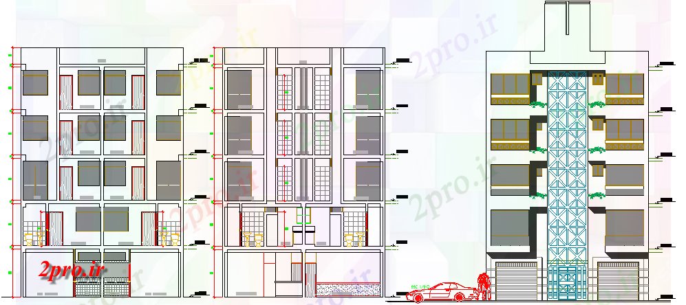 دانلود نقشه مسکونی  ، ویلایی ، آپارتمان  چند طبقه نما ساختمان های مسکونی و بخش جزئیات (کد66732)