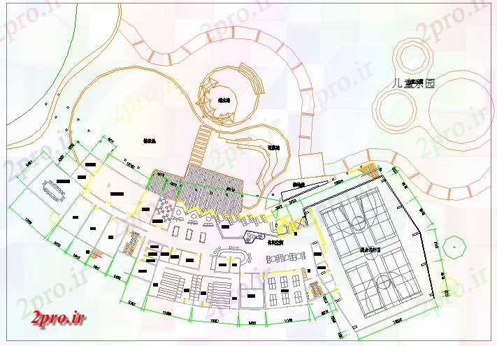 دانلود نقشه ورزشگاه ، سالن ورزش ، باشگاه مرکز ورزشی دراز کردن جزئیات در 35 در 111 متر (کد66773)