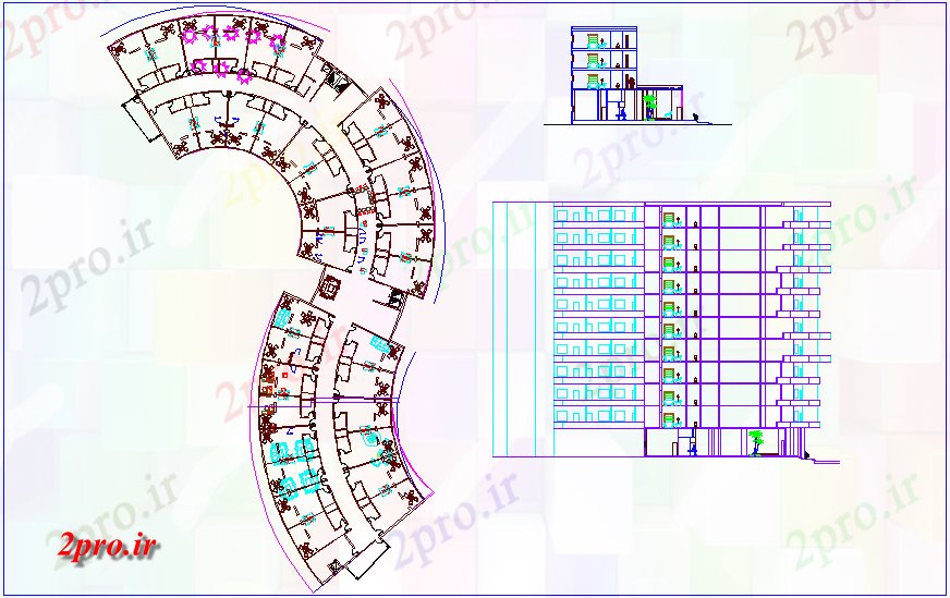 دانلود نقشه هتل - رستوران - اقامتگاه برنامه و مقطعی از هتل 21 در 90 متر (کد66866)