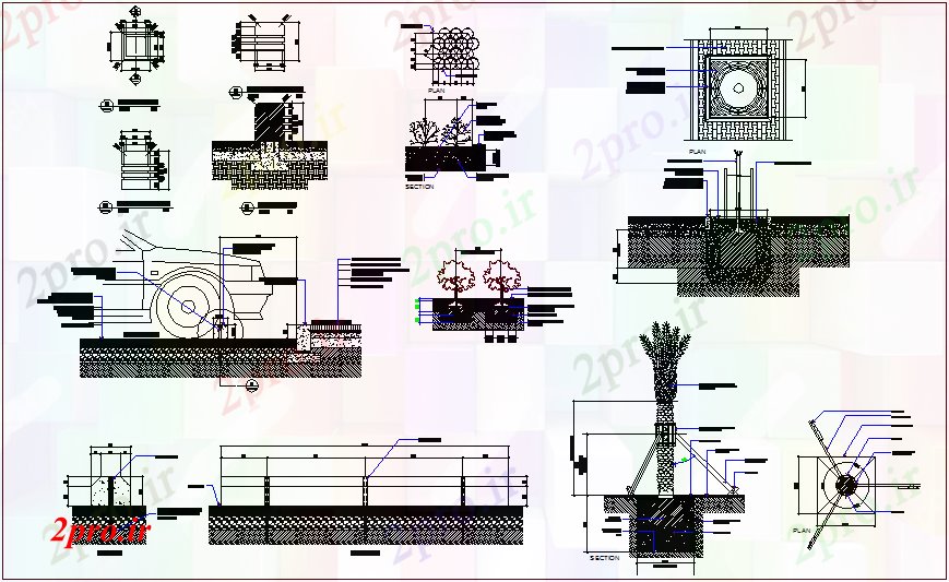 دانلود نقشه جزئیات ساخت و ساز طرحی بولارد و بخش دیدگاه، کشت و زرع درخت جزئیات ساخت و ساز (کد66873)