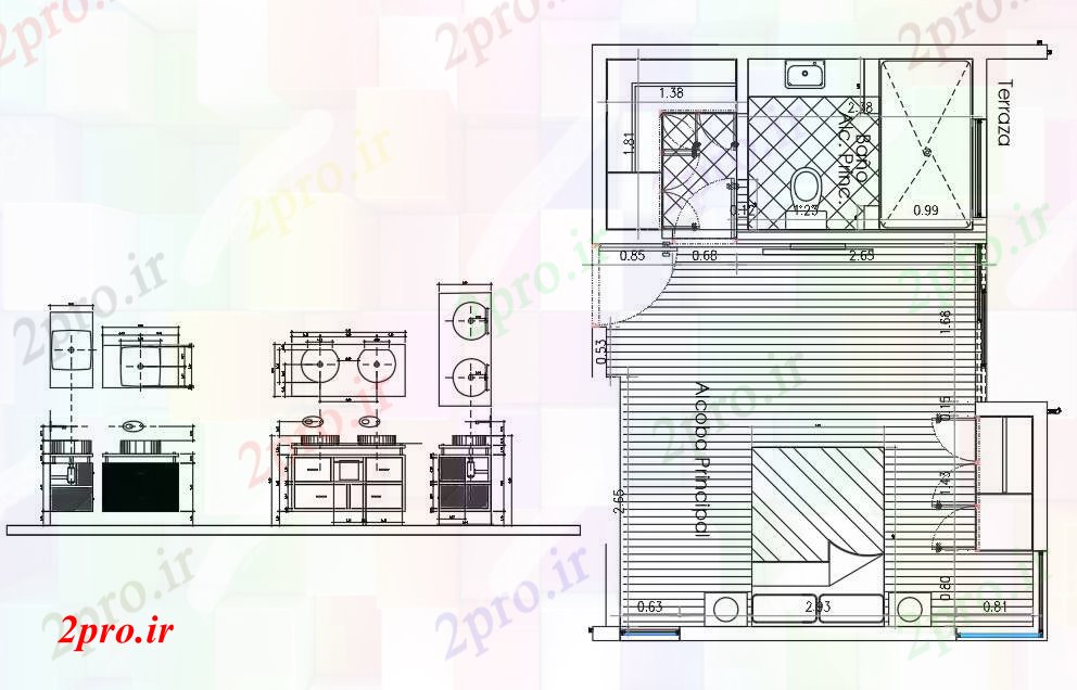 دانلود نقشه اتاق خواب مستر دار طراحی اتاق خواب 4 در 6 متر (کد66876)
