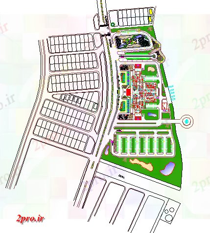 دانلود نقشه هتل - رستوران - اقامتگاه جزئیات طرحی سایت از هتل پنج ستاره با محوطه سازی 68 در 96 متر (کد66947)