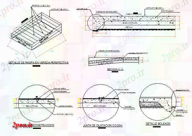 دانلود نقشه جزئیات ساخت و ساز جانبی پیاده روی و جزئیات ساخت و ساز رمپ  (کد67048)